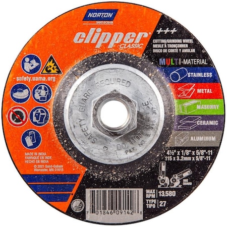 Norton Abrasives Norton Clipper 4.5 in. D X 5/8-11 in. Classic Grinding Wheel 70184609142